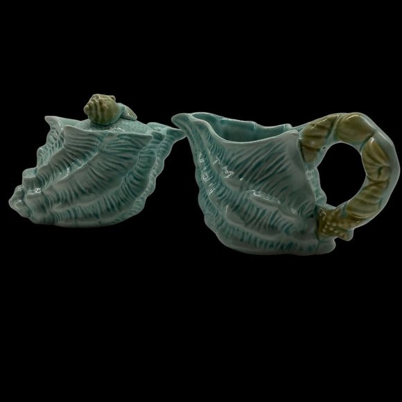 Pier 1 Imports Turquoise Blue Creamer and Sugar Bowl set, Sea Shell Pattern - Picture 2 of 12